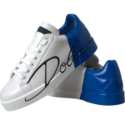 Dolce & Gabbana White Blue Logo Low Top Leather Sneakers Shoes