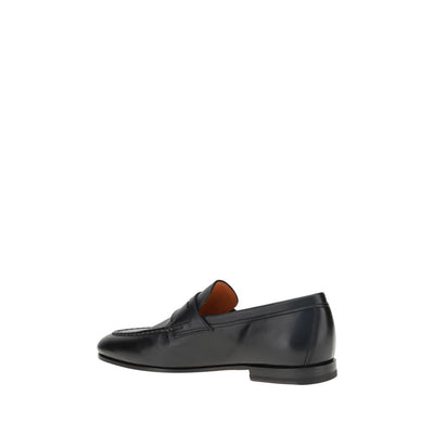 Santoni Black Calf Leather Bos Taurus Slip-On Loafers