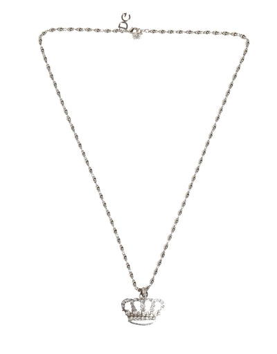 Dolce & Gabbana Silver Tone Brass Chain Crown Crystal Pendant  Necklace