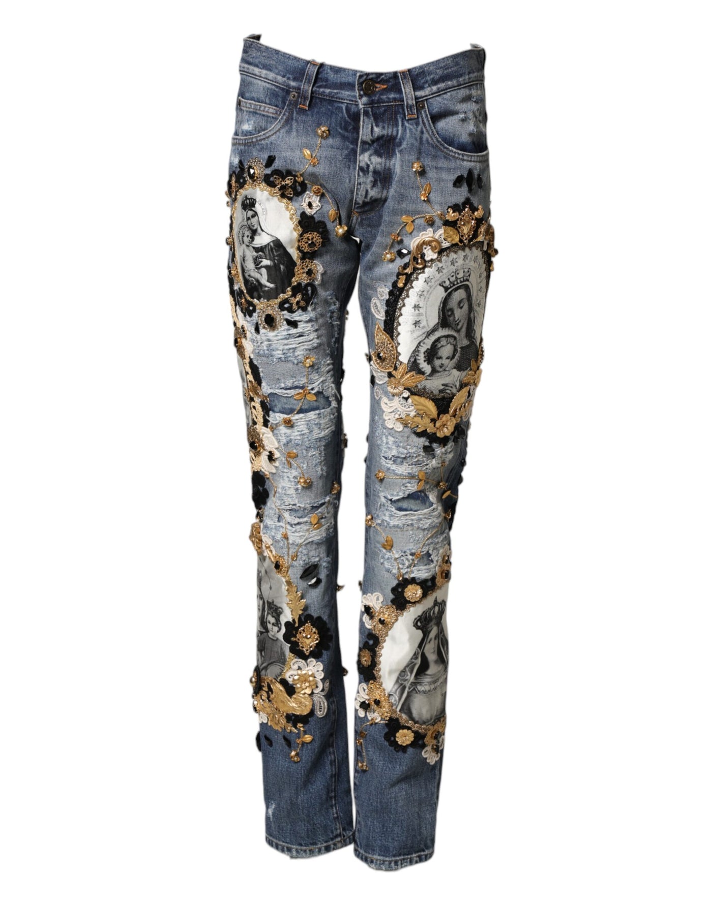 Dolce & Gabbana Blue Ripped Embellished Cotton Denim Jeans