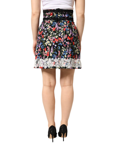 Dolce & Gabbana Black Floral Lace Cotton HighWaist Mini Skirt