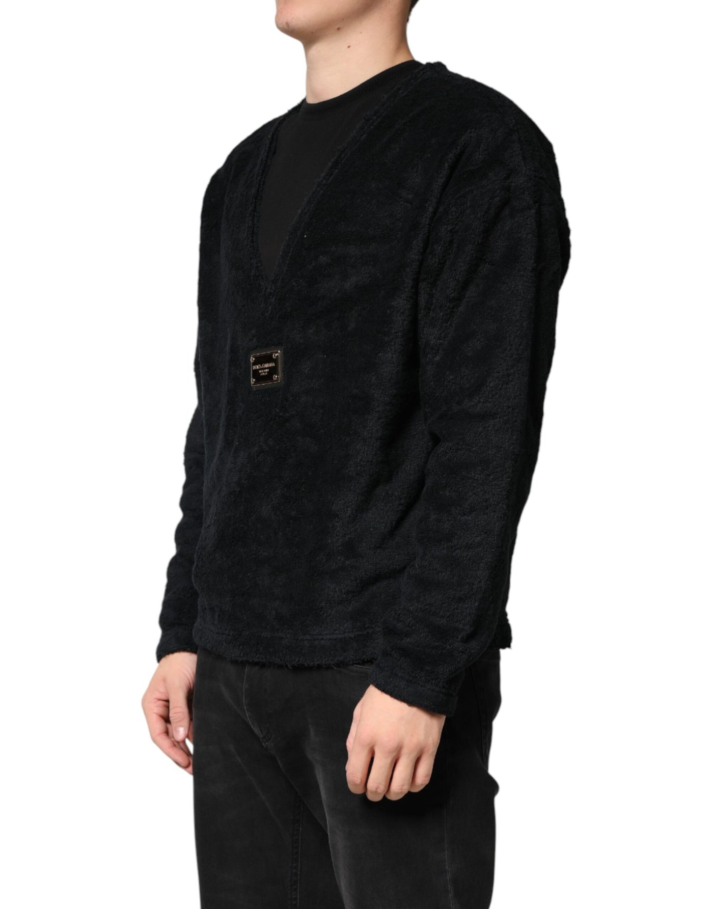 Dolce & Gabbana Black Cotton V-Neck Men Sweatshirt Sweater