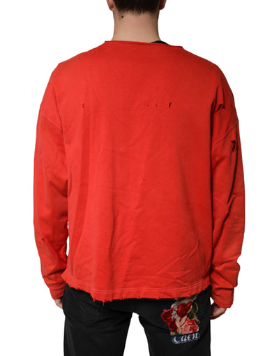 Dolce & Gabbana Red Distressed Cotton V-Neck Sweatshirt Men  Sweater