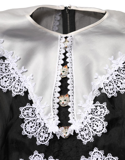 Dolce & Gabbana Black White Silk Macrame Lace Midi Dress