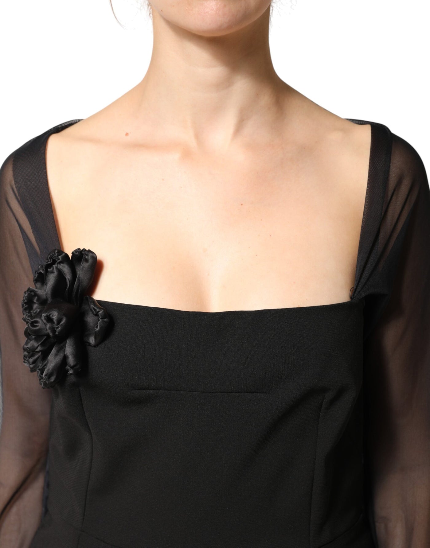 Dolce & Gabbana Black Sheer Yoke Rosette Sheath Midi Dress
