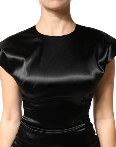 Dolce & Gabbana Black Satin Sheath Midi Cap Sleeves Dress