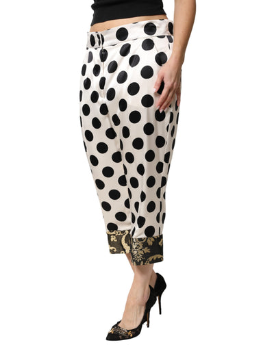 Dolce & Gabbana White Black Polka Dot Silk Mid Waist Cropped Pants