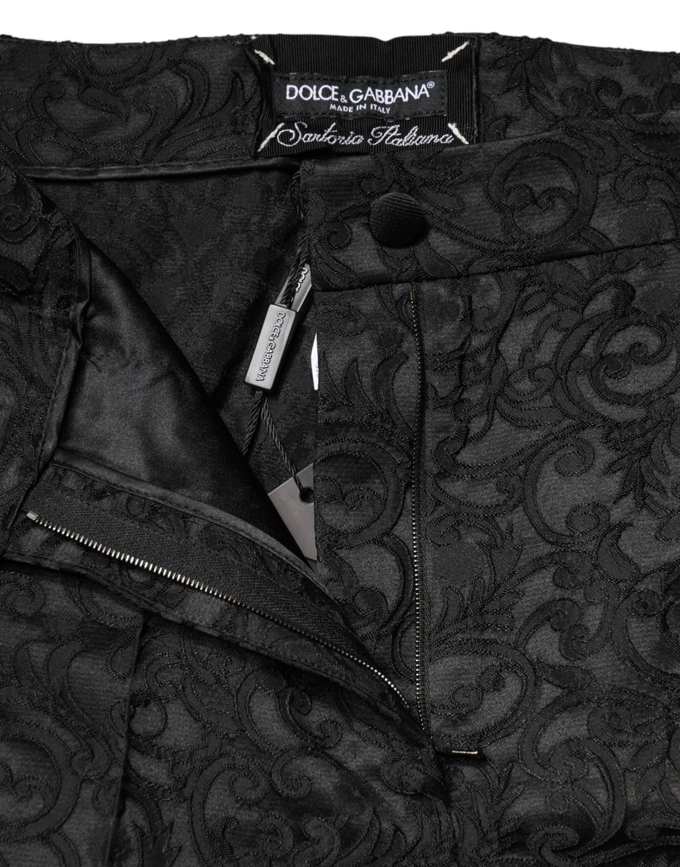 Dolce & Gabbana Black Floral Brocade High Waisted Trouser Pants