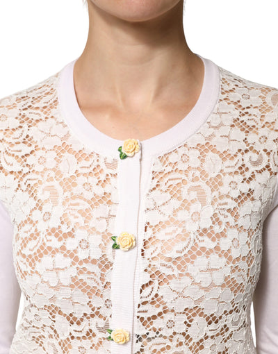 Dolce & Gabbana Cream Lace Knit Rose Button Cardigan Sweater