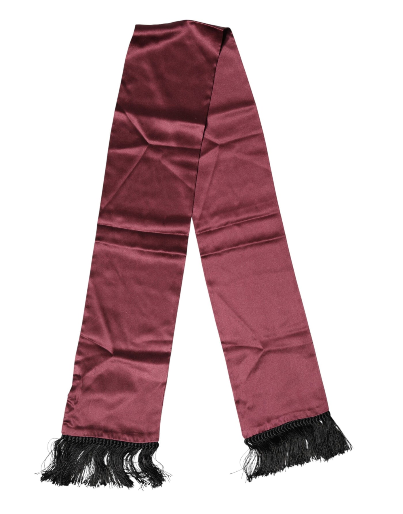 Dolce & Gabbana Maroon Silk Satin Fringes Neck Foulard Scarf