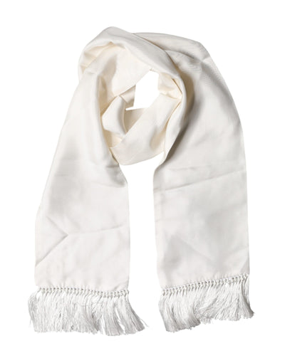 Dolce & Gabbana White Satin Silk Fringes Neck Foulard  Scarf