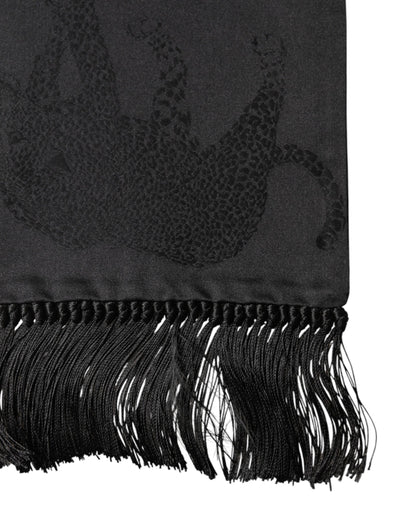 Dolce & Gabbana Black Satin Silk Fringes Neck Foulard Scarf